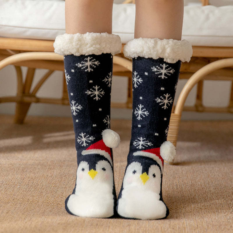 Weihnachtssocken, Plüsch-korallen-fleece, Winter-haus-bodensocken, Marineblaue Slipper-socken – Pinguin - GesichtSocken