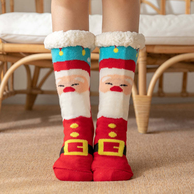 Weihnachtssocken, Plüsch-korallen-fleece, Winter-heimbodensocken, Rote Slipper-socken – Gürtel, Weihnachtsmann - GesichtSocken
