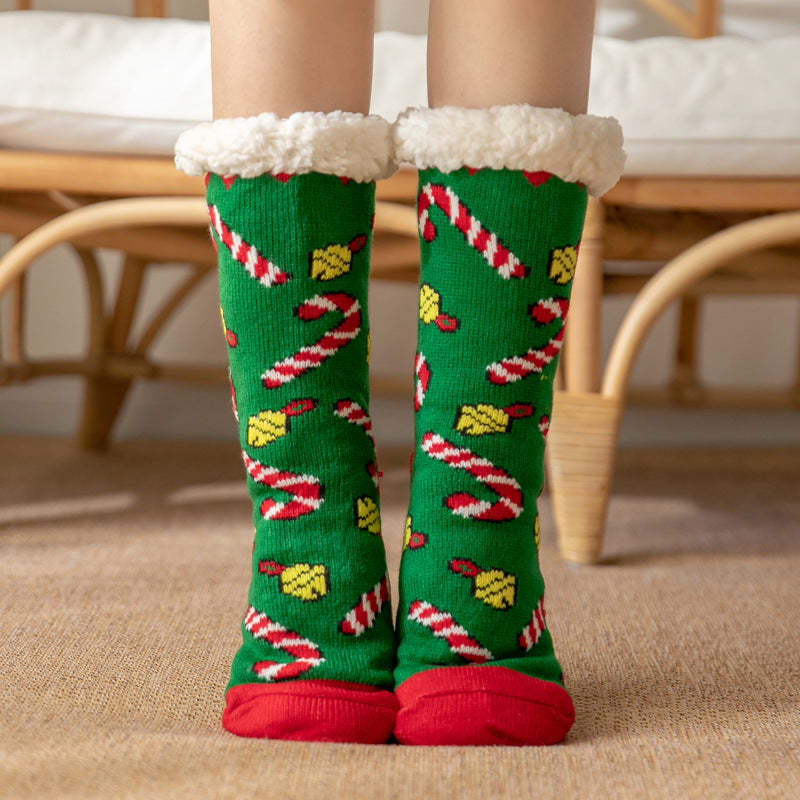 Weihnachtssocken, Plüsch-korallen-fleece, Winter-haus-bodensocken, Grüne Slipper-socken – Glocke - GesichtSocken