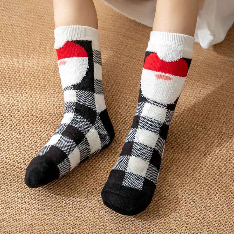 Weihnachtssocken, Plüsch-korallen-fleece, Winter-haus-bodensocken, Schwarz Karierte Slipper-socken – Weihnachtsmann - GesichtSocken