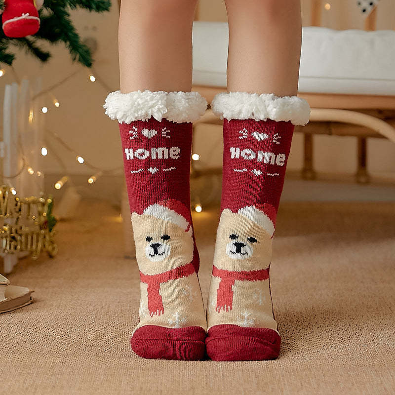 Weihnachtssocken, Plüsch-korallen-fleece, Winter-haus-bodensocken, Rote Slipper-socken – Schalbär - GesichtSocken
