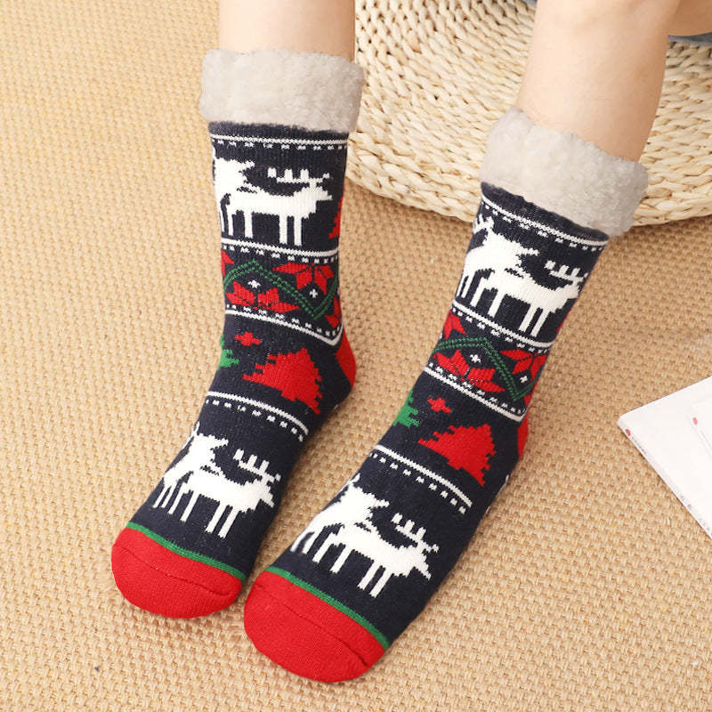 Weihnachtssocken, Plüsch-korallen-fleece, Winter-haus-bodensocken, Schwarze Und Rote Slipper-socken – Kleiner Hirsch - GesichtSocken