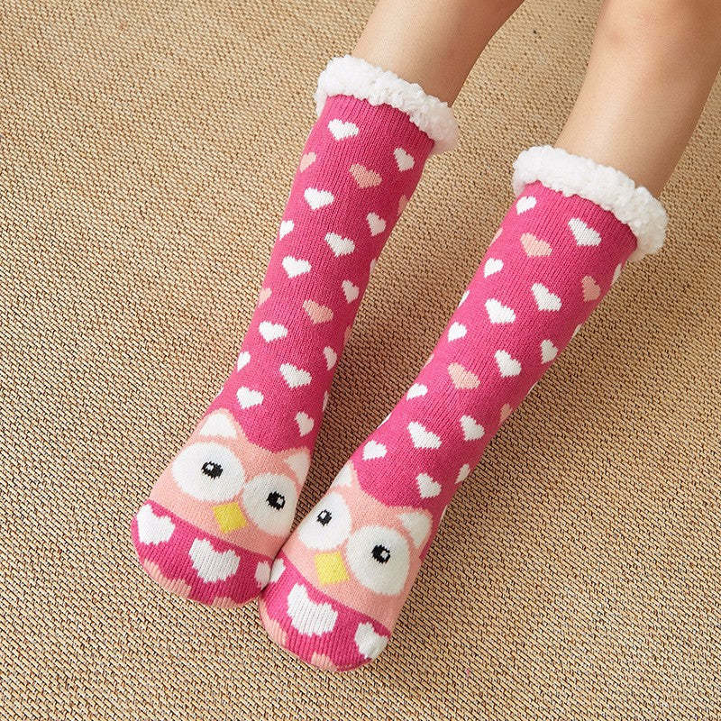 Weihnachtssocken, Plüsch-korallen-fleece, Winter-haus-bodensocken, Rosarote Slipper-socken – Eule - GesichtSocken