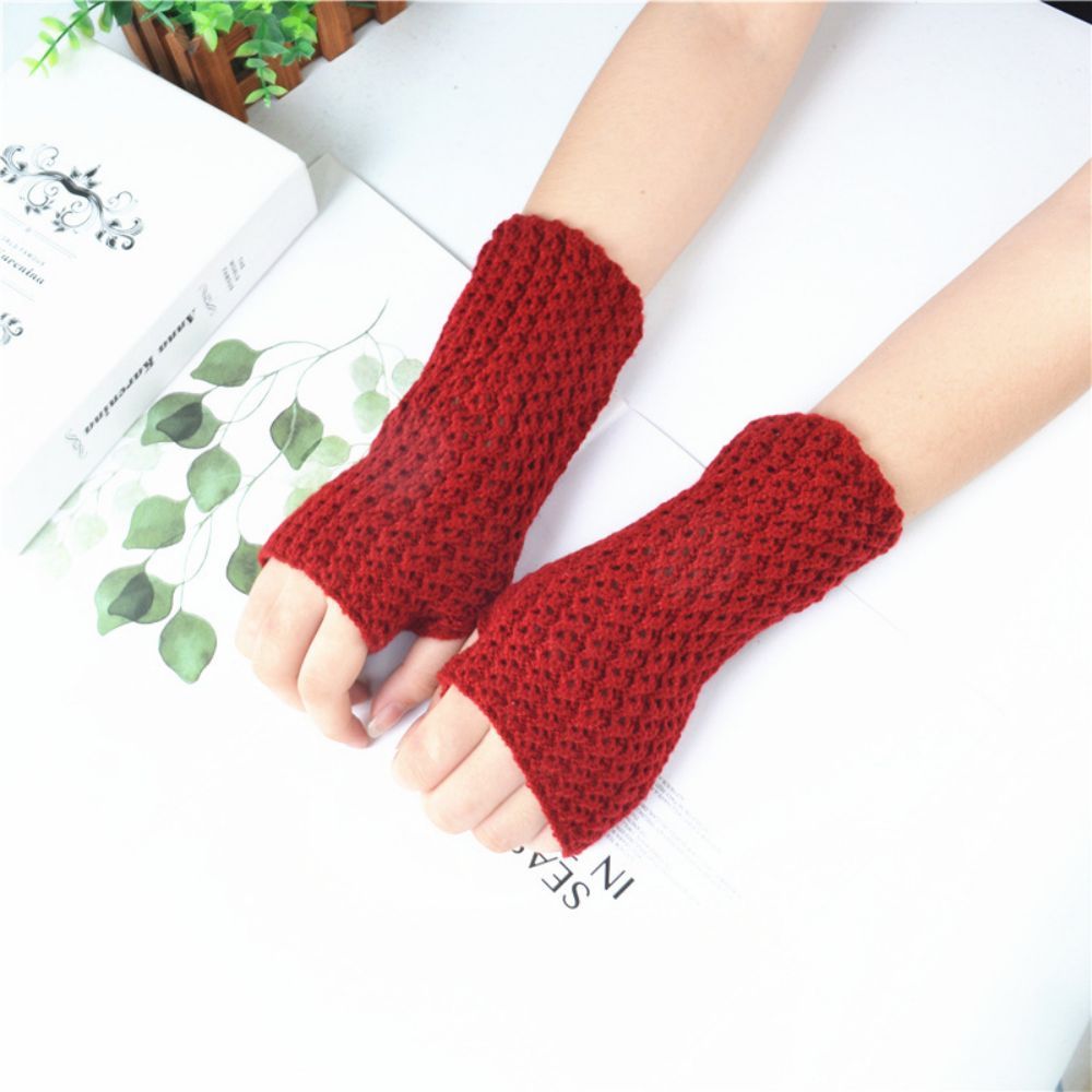 Gestrickte Halbfinger-mesh-handschuhe, Einfarbig, Warme Damen-kurzhandschuhe - 