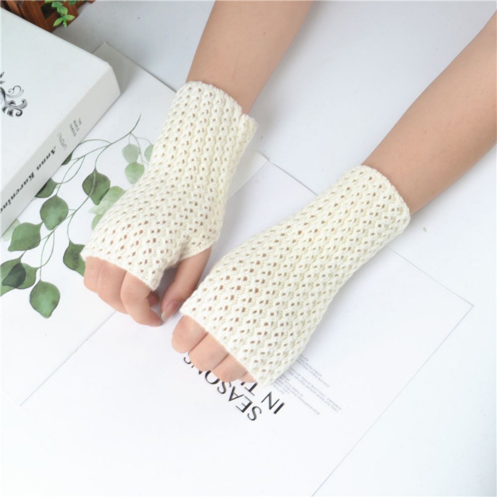 Gestrickte Halbfinger-mesh-handschuhe, Einfarbig, Warme Damen-kurzhandschuhe - 