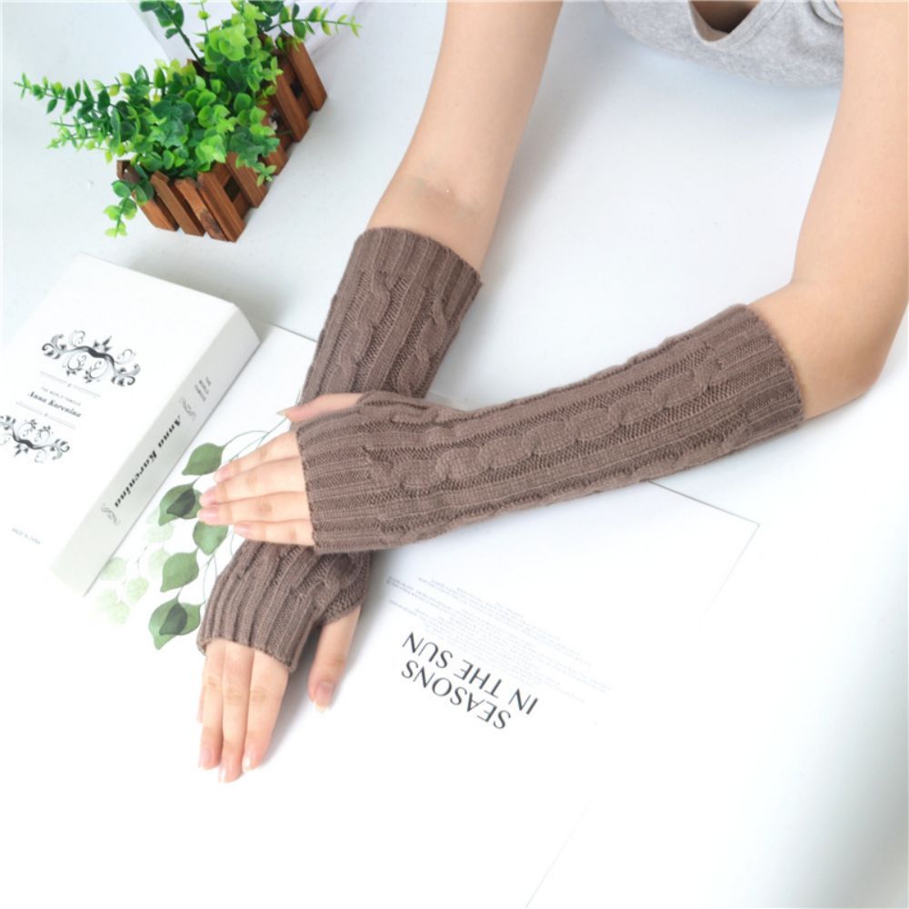 Winter Warme Handschuhe Damen Halbfinger Leinenmuster Wollgestrickte Fingerlose Handschuhe -