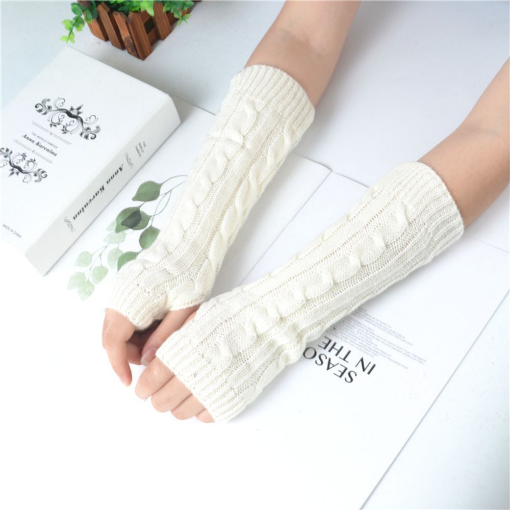 Winter Warme Handschuhe Damen Halbfinger Leinenmuster Wollgestrickte Fingerlose Handschuhe - 
