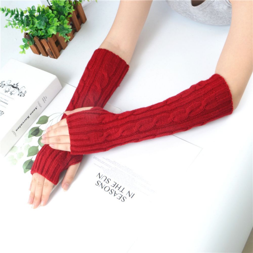 Winter Warme Handschuhe Damen Halbfinger Leinenmuster Wollgestrickte Fingerlose Handschuhe -