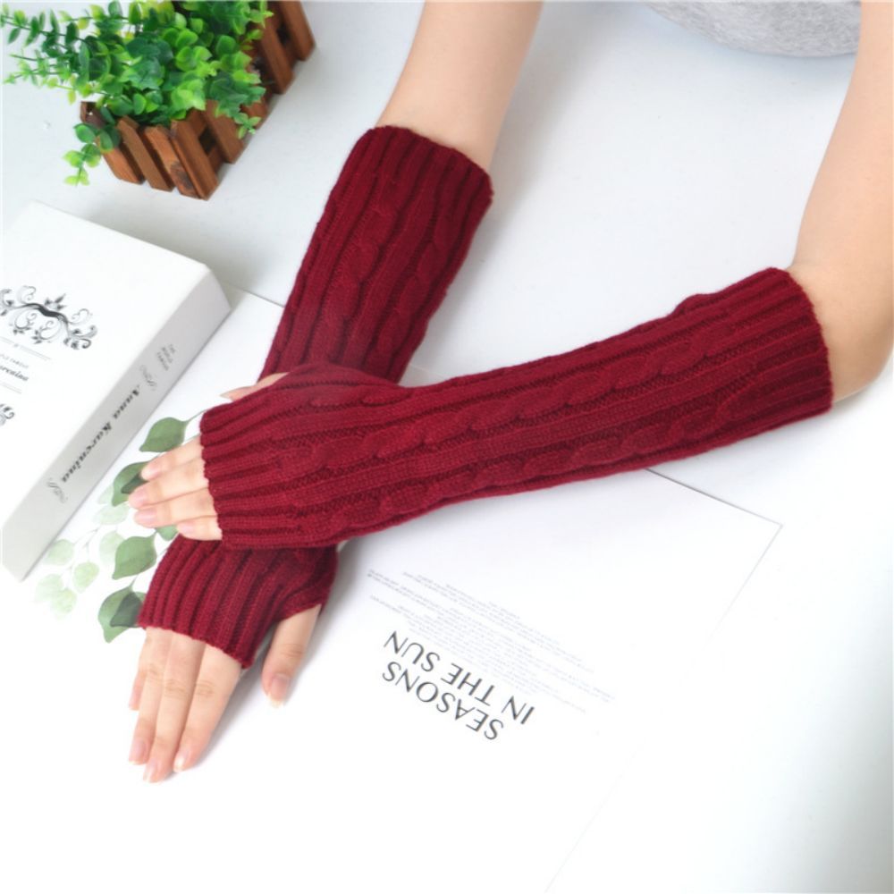 Winter Warme Handschuhe Damen Halbfinger Leinenmuster Wollgestrickte Fingerlose Handschuhe -