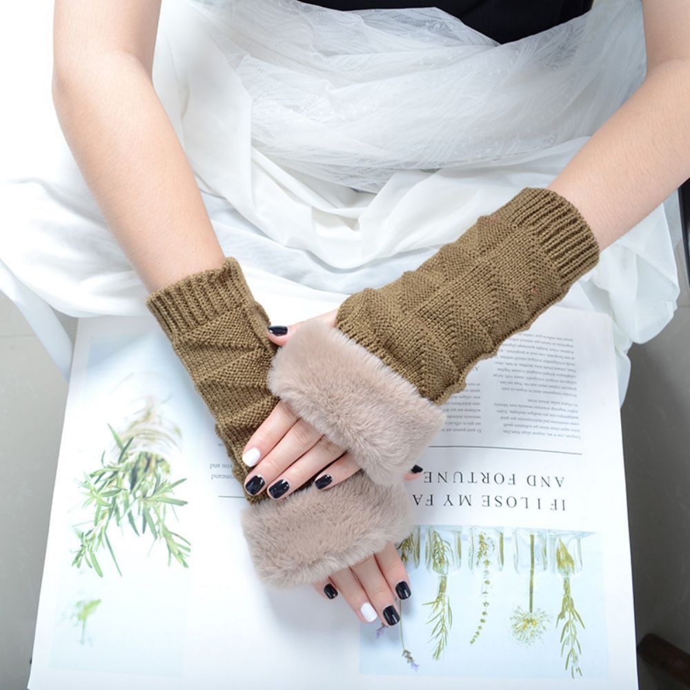 Winter-stretch-frauen-fleece-strick-halbfinger-dreieck-block-kurzhandschuhe - 