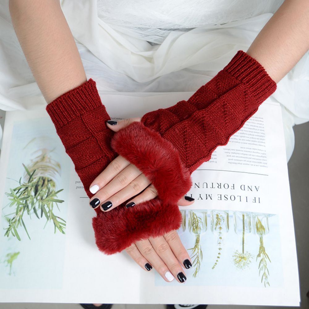 Winter-stretch-frauen-fleece-strick-halbfinger-dreieck-block-kurzhandschuhe - 