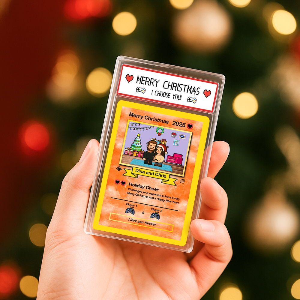 Individuelle Weihnachtskarte Als Geschenk Für Die Familie. Verwandeln Sie Ihr Foto In Eine Einzigartige Sammelkarte Im Pixel-man-stil. Weihnachtsgeschenk - MyFaceSocksDE