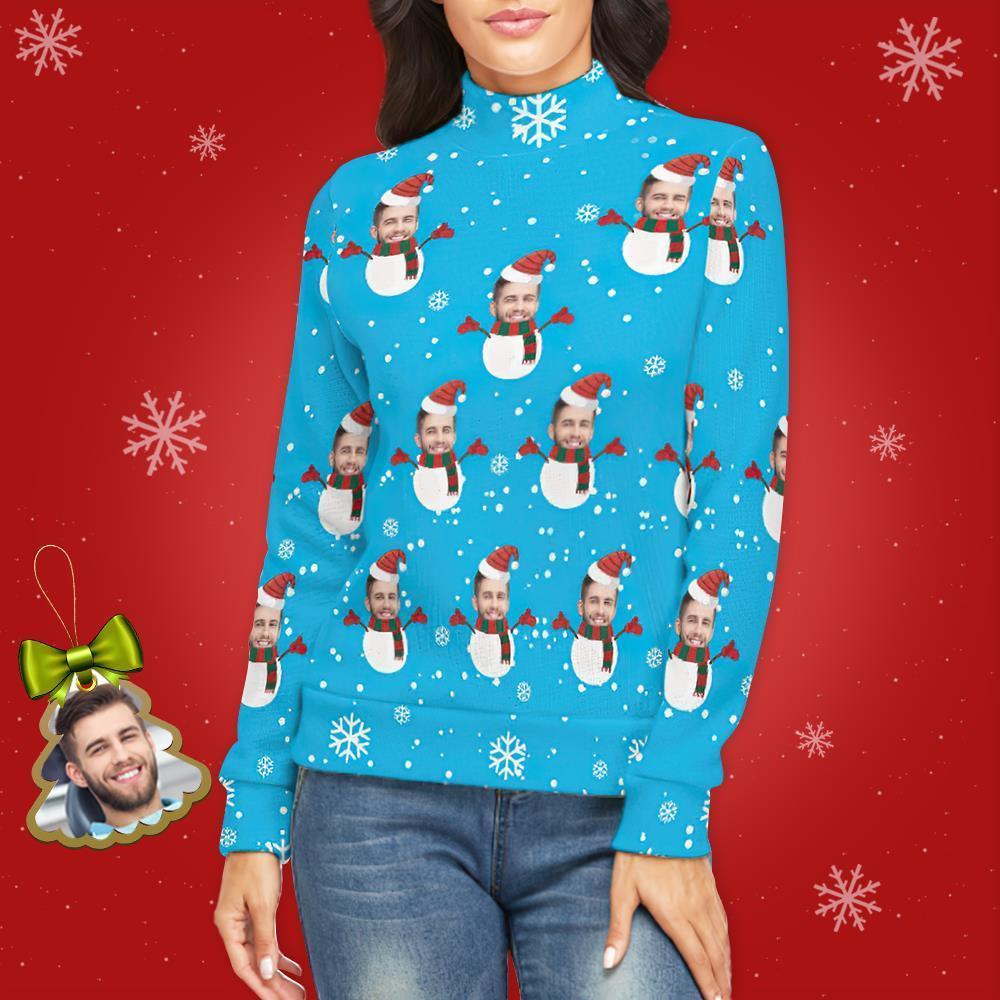 Benutzerdefiniertes Gesicht lRollkragenpullover für Damen Weihnachtspullover Gestrickte lose Pullover - Schneemann