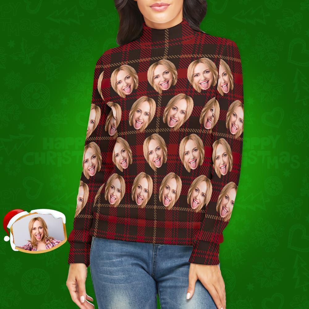 Benutzerdefiniertes Gesicht lRollkragenpullover für Damen Weihnachtspullover Gestrickte lose Pullover - Klassisches rotes Plaid