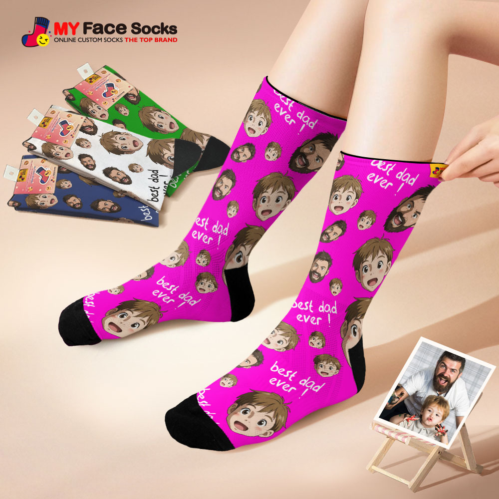 Benutzerdefinierte Cartoon Papa Fotodruck Socken Bunte Grau Blau Socken Personalisiertes Individuelles Design Bestes Vatertagsgeschenk - MyFaceSocksDE