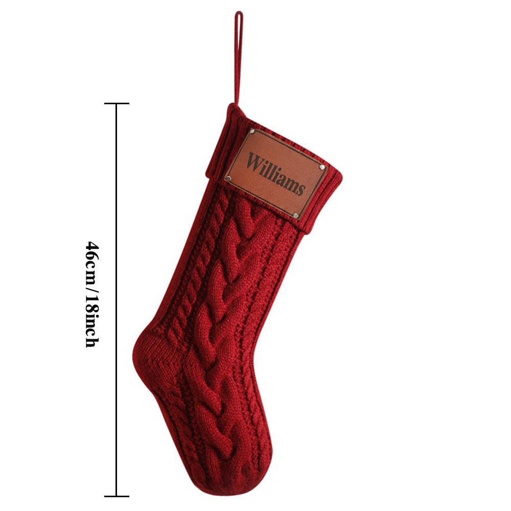 Personalisierter Weihnachtsstrumpf Mit Namen, Lederaufnäher, Gestrickte Weihnachtsstrümpfe, Dekoration - 