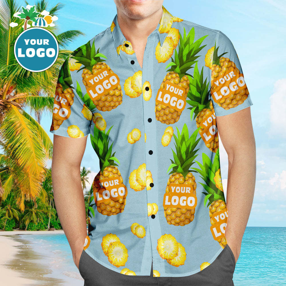 Custom Logo Hawaiian Shirts Blue Funny Pineapple Personalized Aloha Beach Shirt For Men - MyFaceSocksEU