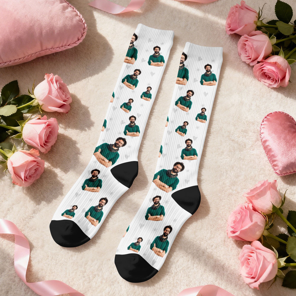 Custom Face Compression Socks Personalized Knee-High Socks with Photo Heart Face Gift for Him Her - myfacesockseu