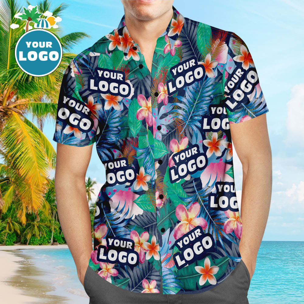 Custom Logo Hawaiian Shirts Colorful Flowers Personalized Aloha Beach Shirt For Men - MyFaceSocksEU