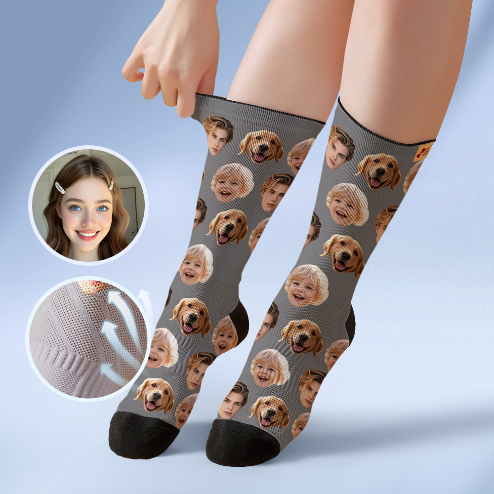 Custom Face Socks Personalized Socks with Faces Photo Blue Funny Gift Photo Family Socks - myfacesockseu