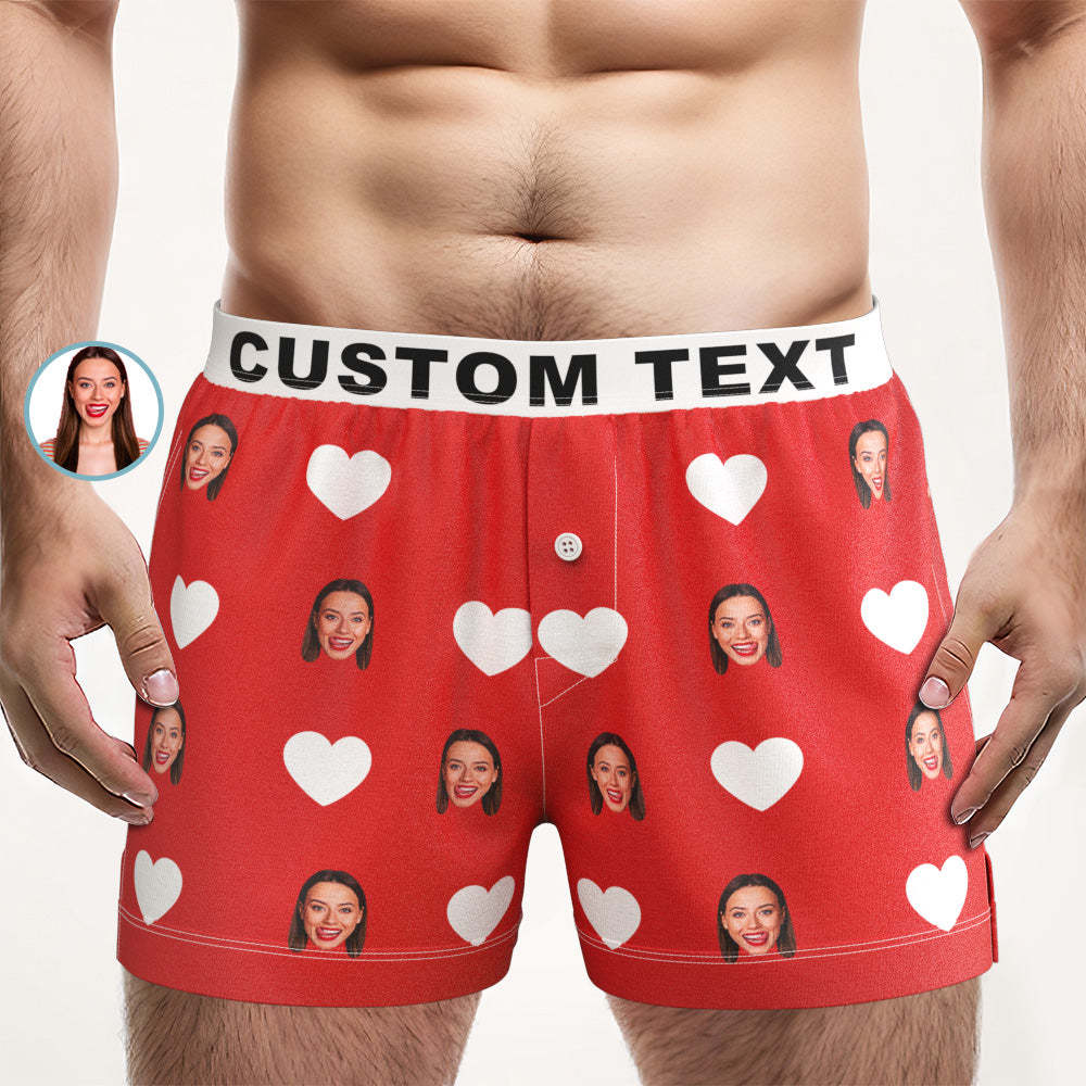 Custom Face Red Heart Design Boxer Shorts with Personalized Text on the Waistband Personalized Underwear for Him - MyFaceSocksEU