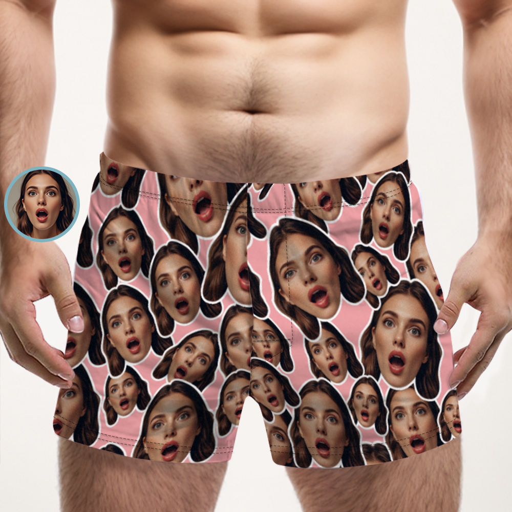 Custom Face Mash Pink Boxer Shorts Personalized Waistband Casual Underwear Valentine for Him