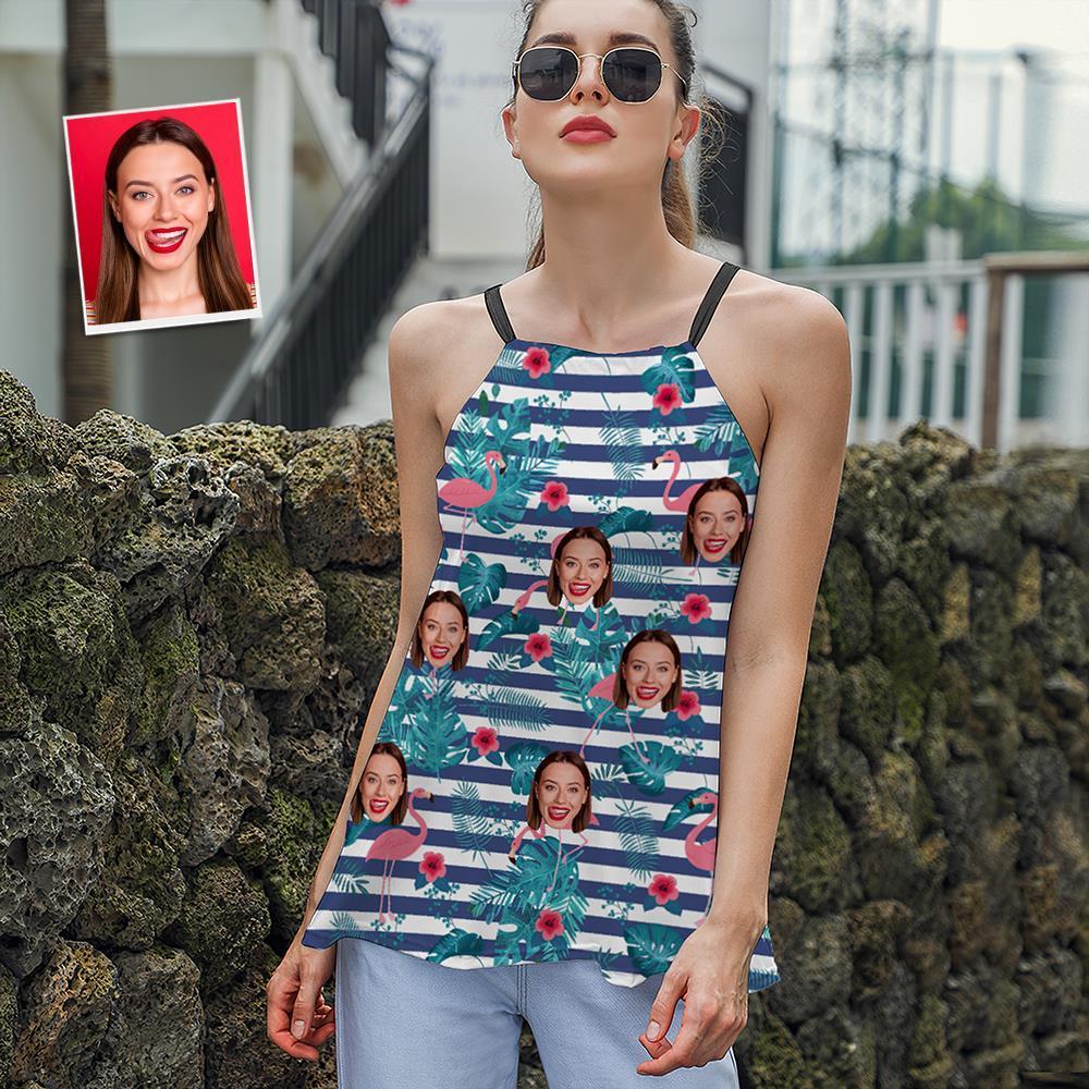 Custom Face Women's Strappy Camisoles Summer Sexy Loose Cute Tanks Tops - Hawaiian Flamingo - MyFaceSocksEU