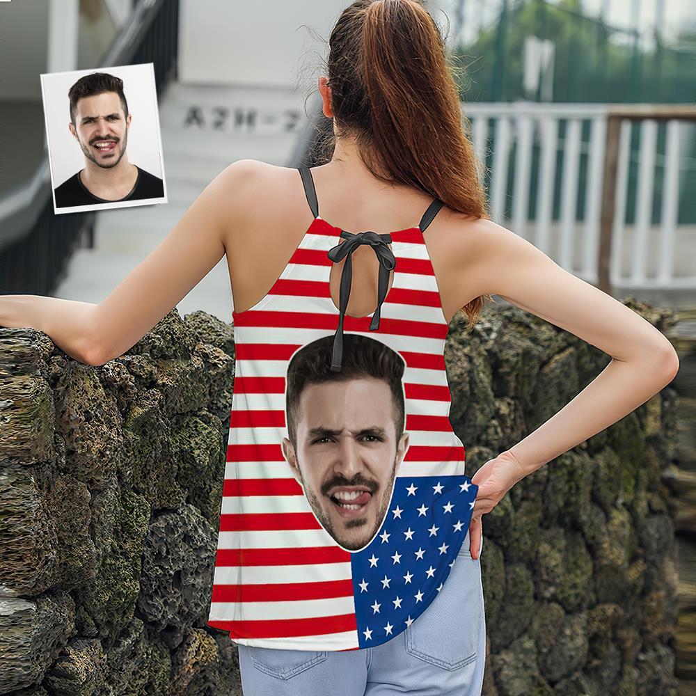 Custom Face Women's Strappy Camisoles Summer Sexy Loose Cute Tanks Tops - USA Flag - MyFaceSocksEU