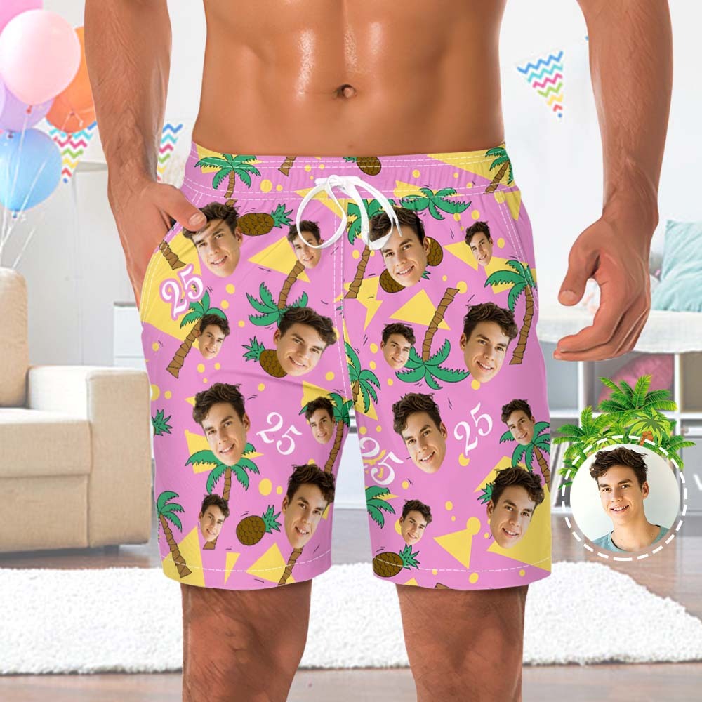 Custom Face And Number Beach Shorts Coconut And Pineapple Multicolor Beach Shorts - MyFaceSocksEU