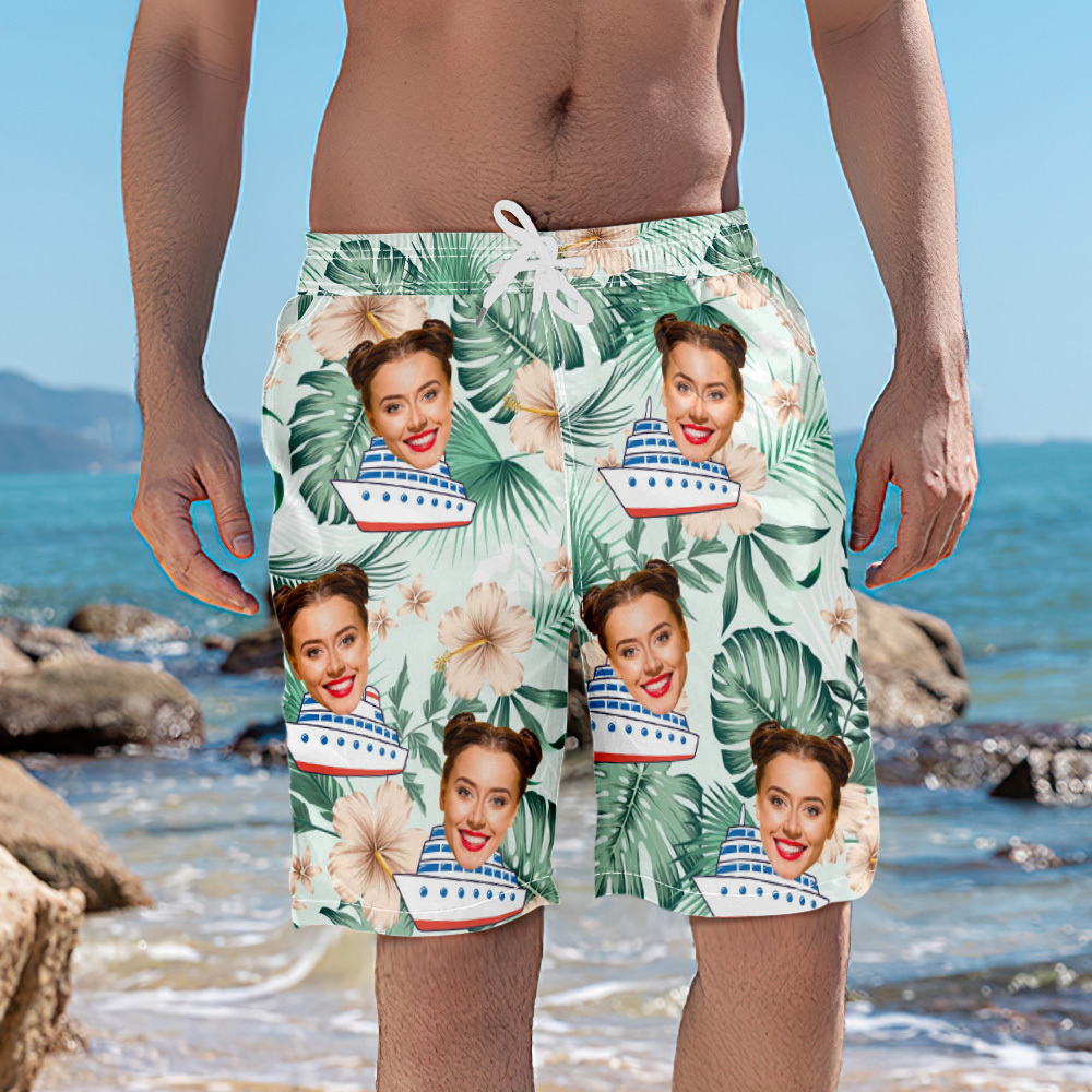 Custom Photo Cruise Ship Beach Shorts Gift For Traveling Lovers Personalized Green Leaves Face Beach Shorts - myfacesockseu