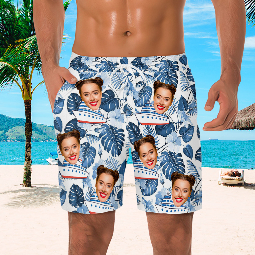 Custom Photo Cruise Ship Beach Shorts Gift For Traveling Lovers Personalized Green Leaves Face Beach Shorts - myfacesockseu