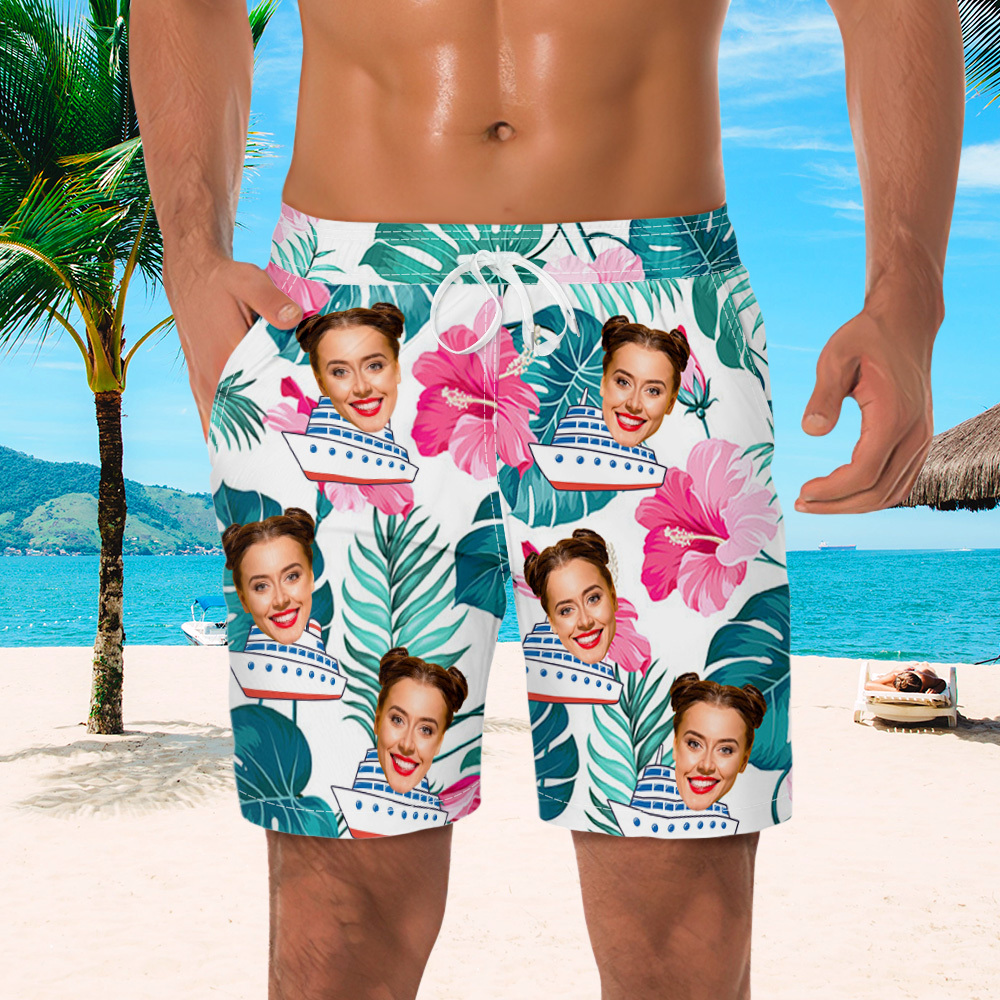 Custom Photo Cruise Ship Beach Shorts Gift For Traveling Lovers Personalized Green Leaves Face Beach Shorts - myfacesockseu