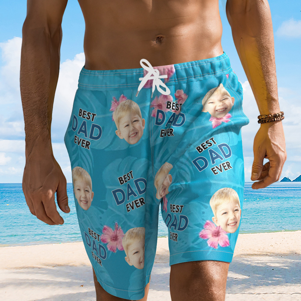 Personalized Face Mens Swim Trunks Custom Text Just A Dad and His Girl Tropical Swim Shorts for Dad - myfacesockseu