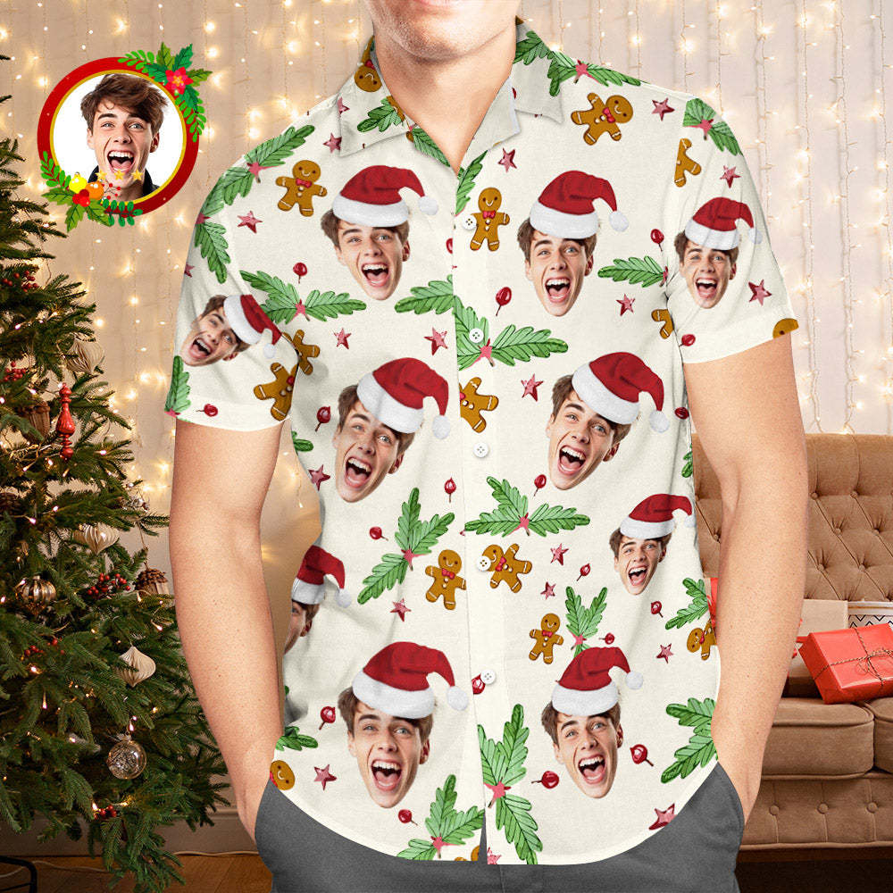 Custom Face Hawaiian Shirt Candy Cane Gingerbread Men's Christmas Shirts - MyFaceSocksEU