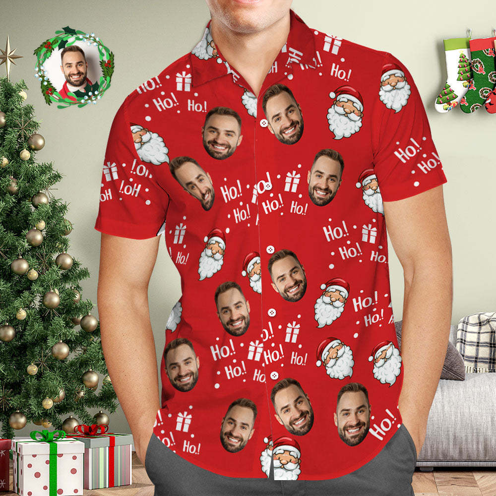 Custom Face Men's Hawaiian Shirt Personalized Photo Red Hawaiian Shirts Santa Claus HOHOHO Merry Christmas - MyFaceSocksEU