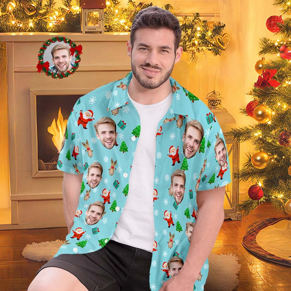 Custom Face Hawaiian Shirts Personalized Photo Gift Men's Christmas Shirts Cute Santa Claus and Reindeer - MyFaceSocksEU