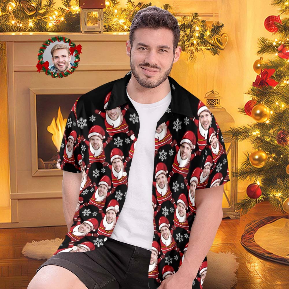 Custom Face Hawaiian Shirts Personalized Photo Gift Men's Christmas Shirts Santa Claus and Snowflake - MyFaceSocksEU