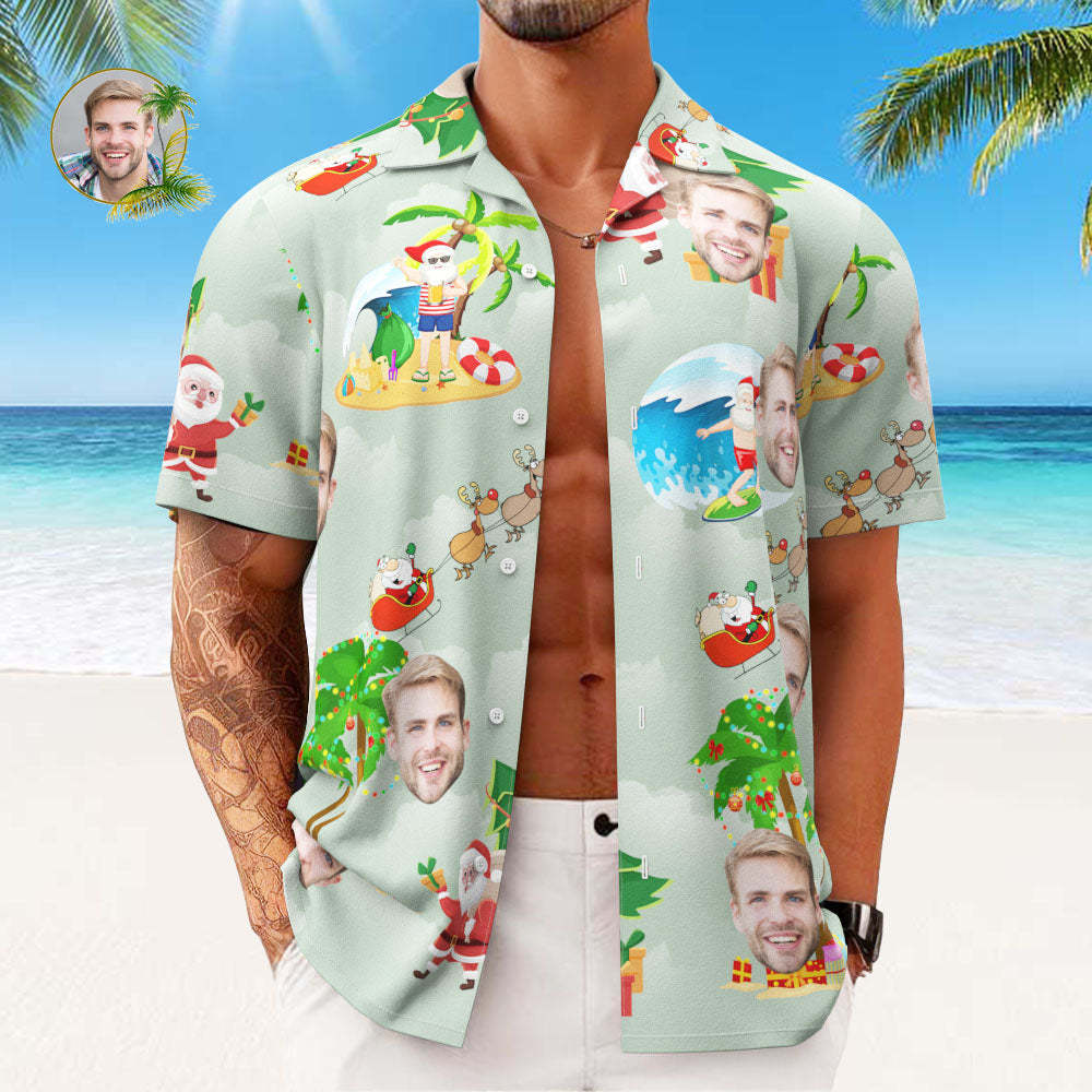 Custom Face Hawaiian Shirts Personalized Photo Gift Men's Christmas Shirts Surfing Vacation Santa - MyFaceSocksEU