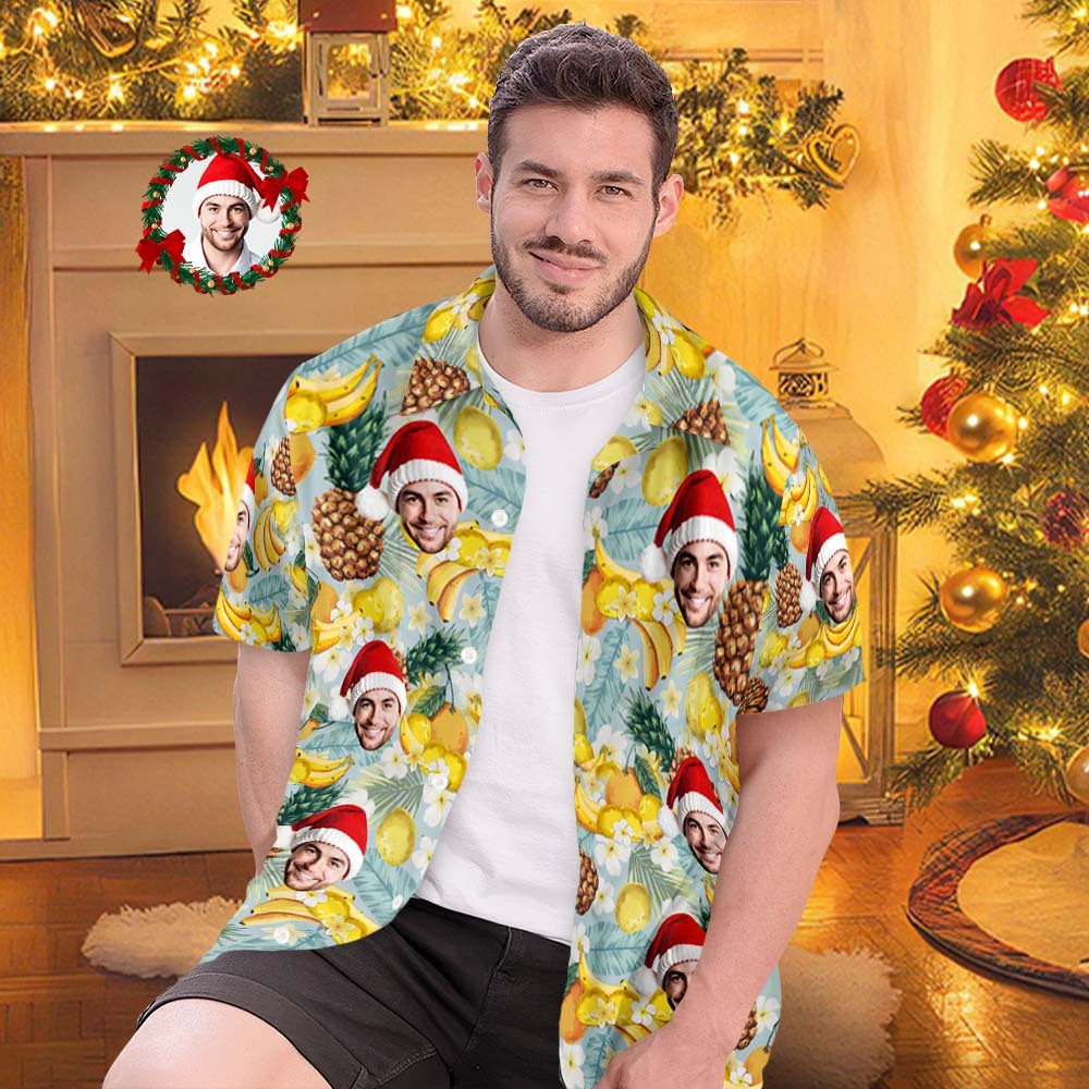 Custom Face Hawaiian Shirts Personalized Photo Gift Men's Christmas Shirts Tropical Fruits - MyFaceSocksEU