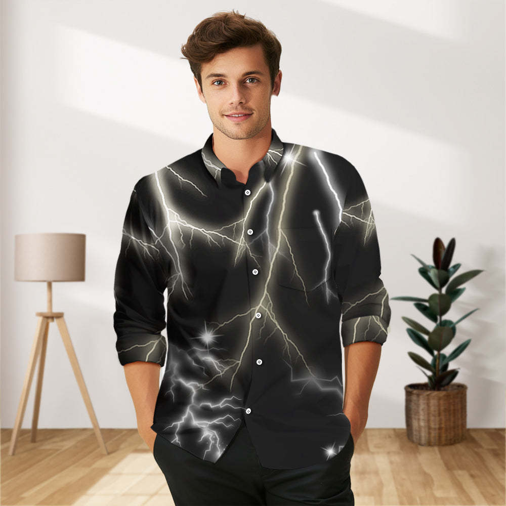 Custom Photo and Text Long Sleeve Shirts Personalized Photo Gift Men's Vintage Personality Lightning Shirts - MyFaceSocksEU