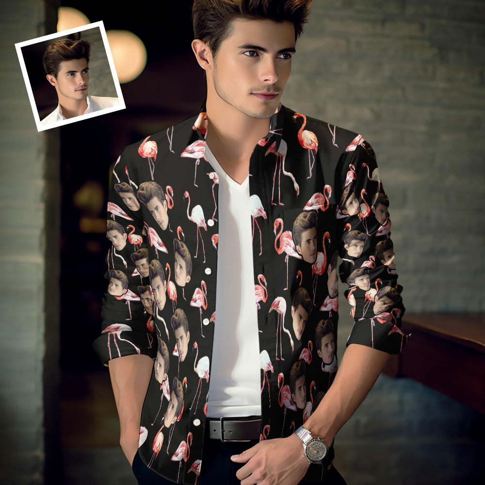 Custom Photo Long Sleeve Shirts Personalized Photo Gift Men's Valentine's Day Gift - Flamingos - MyFaceSocksEU