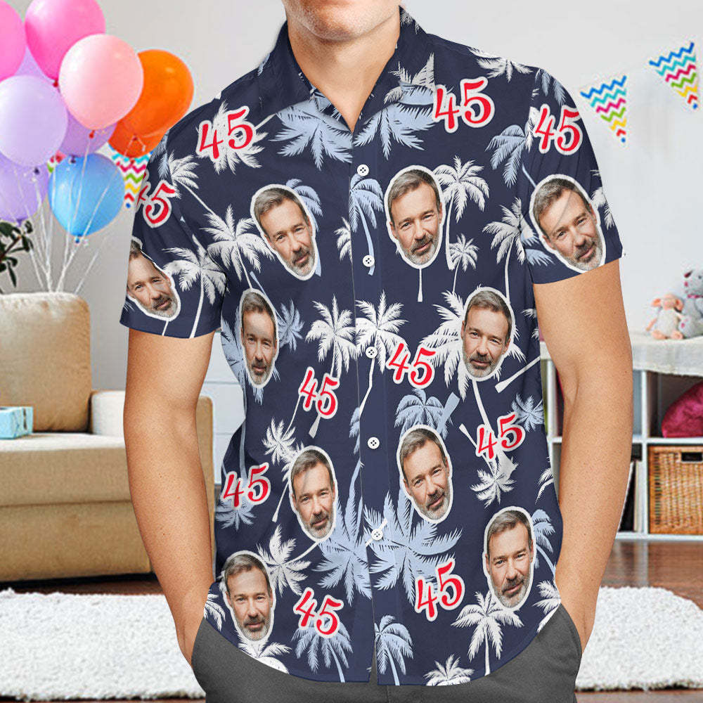 Custom Face And Number Birthday Hawaiian Shirts Father's Day Birthday Present Red And White Coconut Tree Shirt - MyFaceSocksEU
