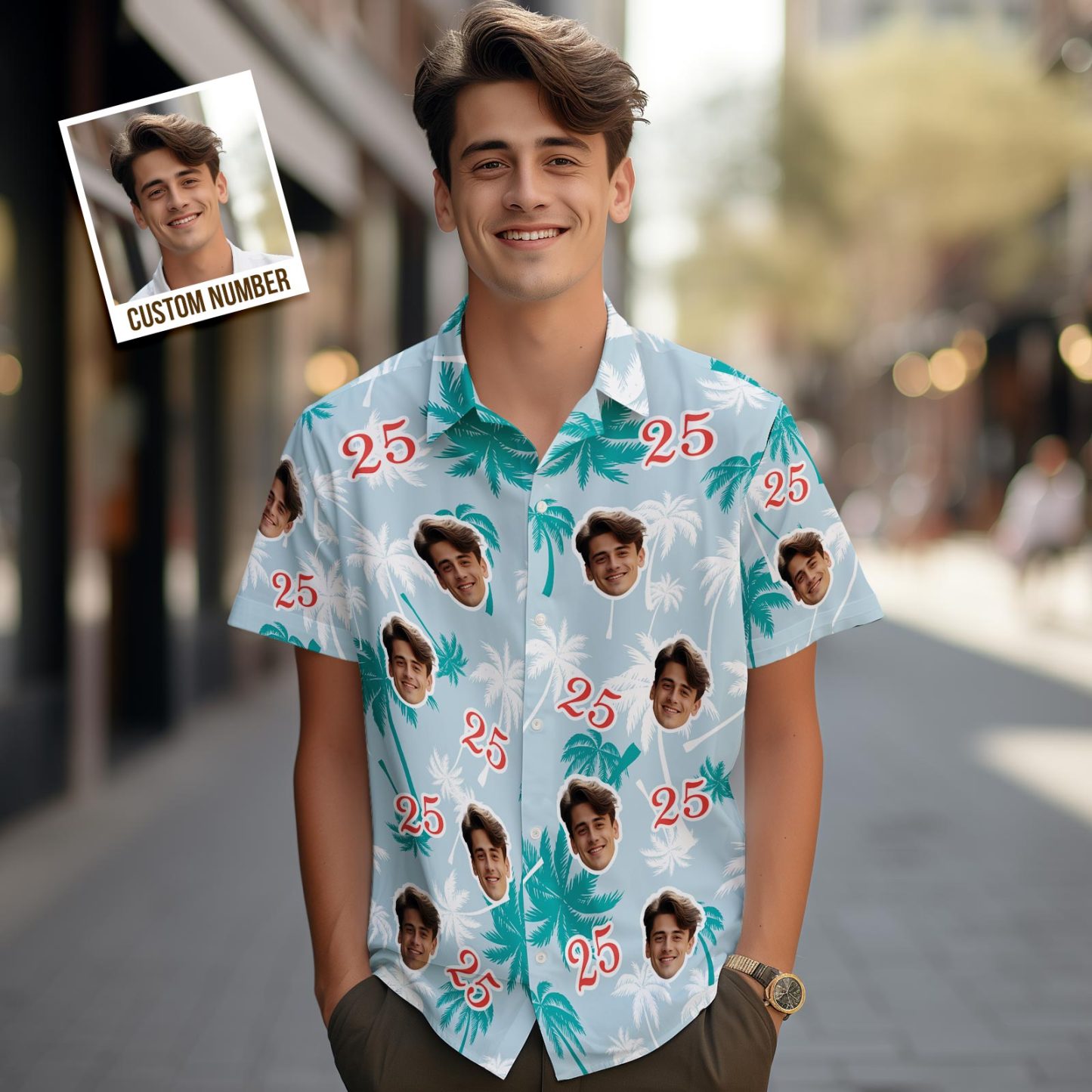 Custom Face And Number Birthday Hawaiian Shirts Father's Day Birthday Present Red And White Coconut Tree Shirt - MyFaceSocksEU