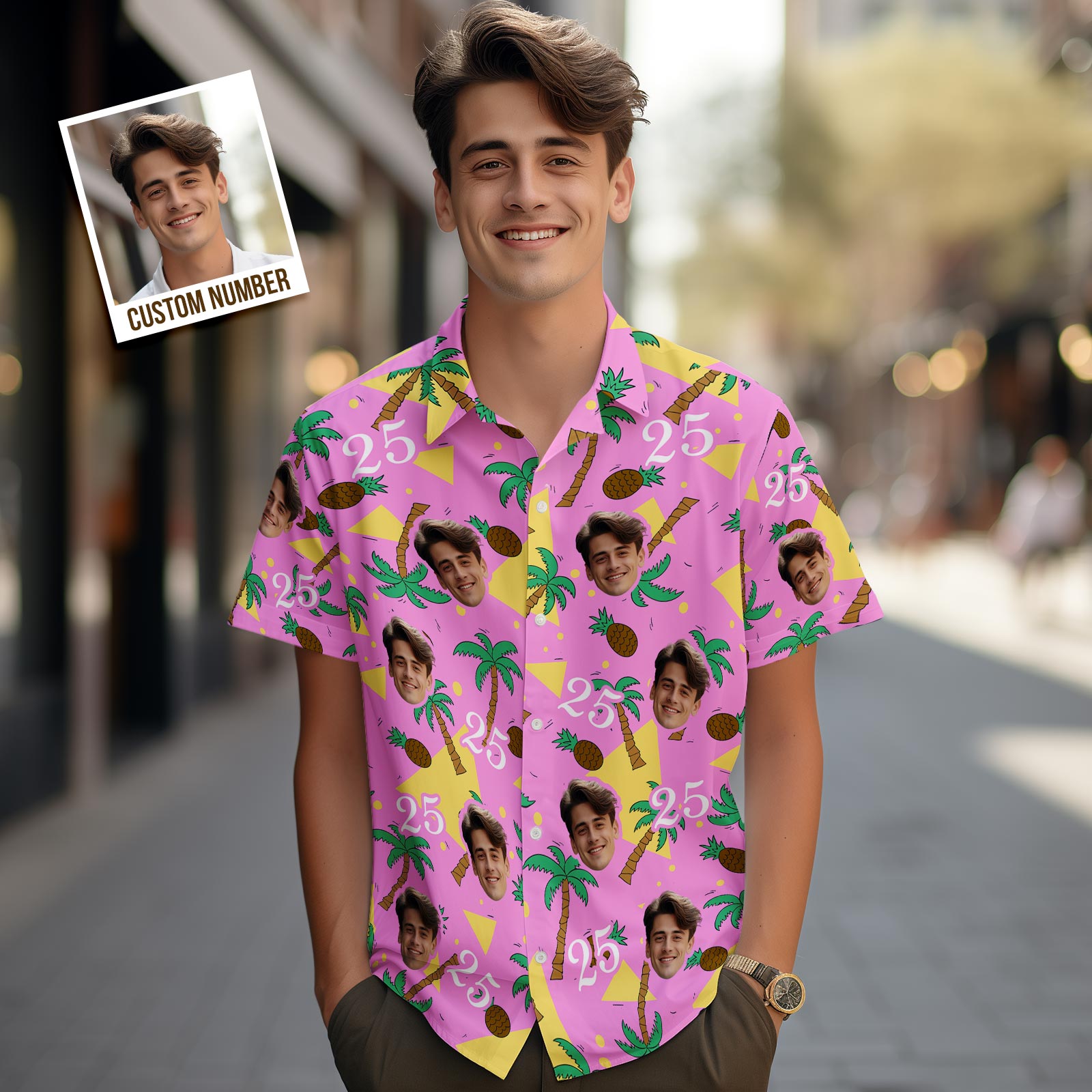 Custom Multi-color Face and Numbers Hawaiian Shirt Father's Day Birthday Present Coconut Tree and Pineapple Gift for Dad