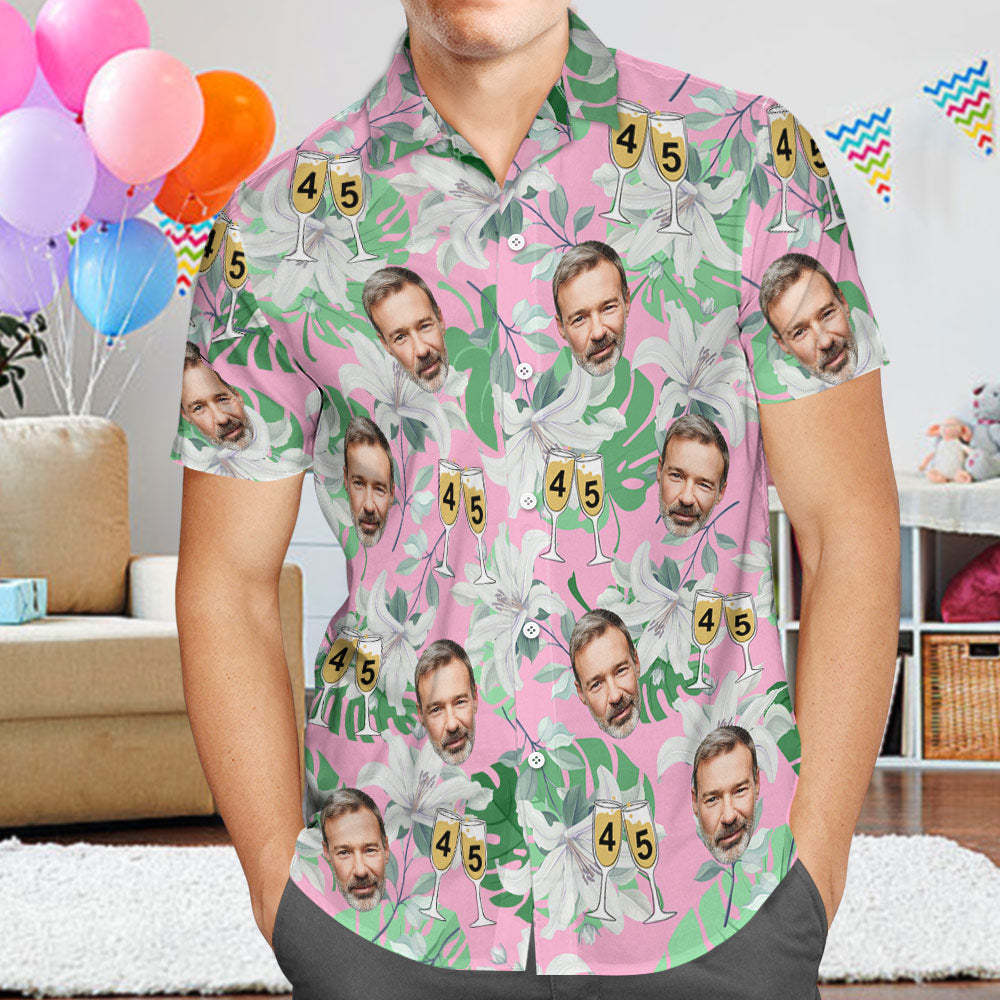 Custom Face Hawaiian Shirt Father's Day Birthday Present Number in Wine Glass Pink And Green Sleeves Face Hawaiian Shirt Gift for Dad - MyFaceSocksEU