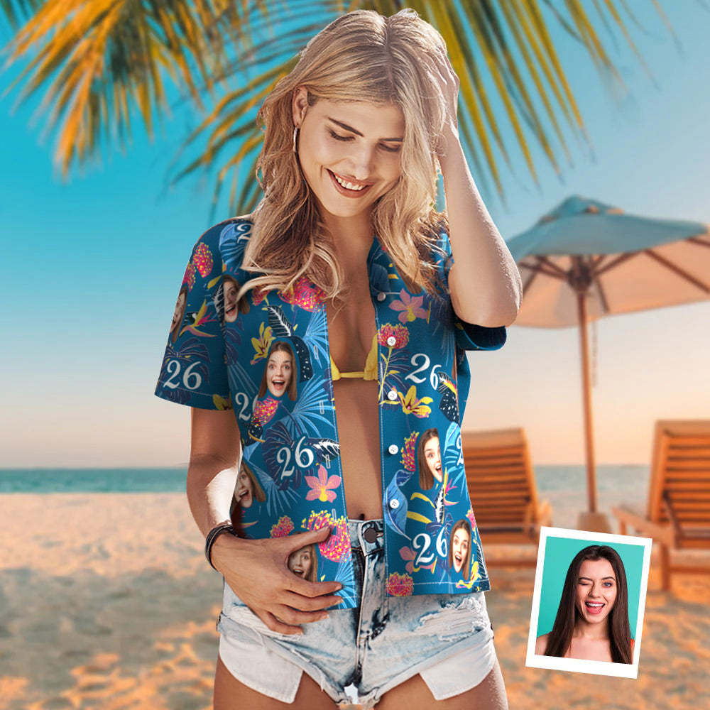 Custom Face Hawaiian Shirt Number and Face Hawaiian Shirt Dark Blue Sleeves and Pink Flowers Gift For Women - MyFaceSocksEU