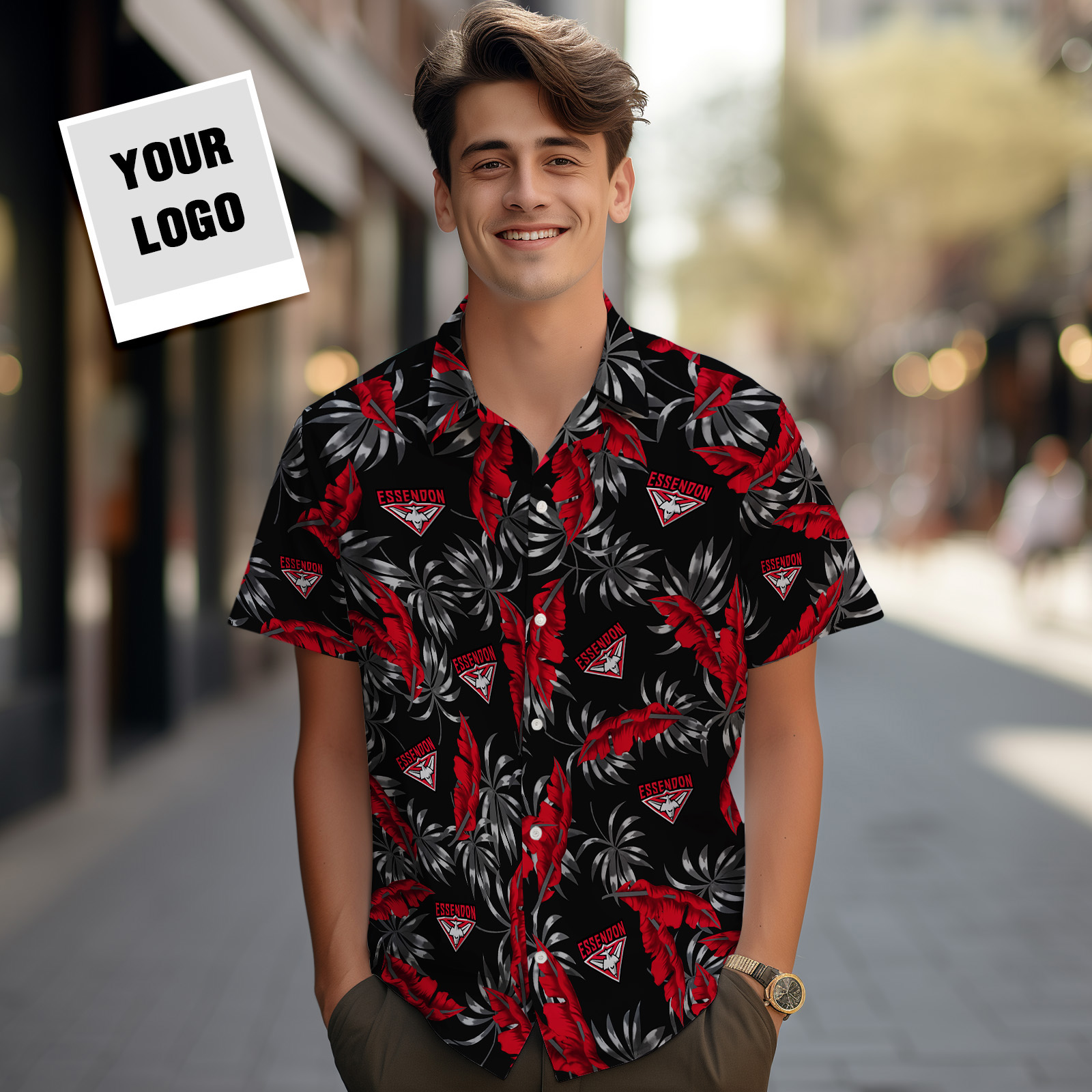 Custom Logo Hawaiian Shirts Colorful Leaves Aloha Beach Shirt Dark Red