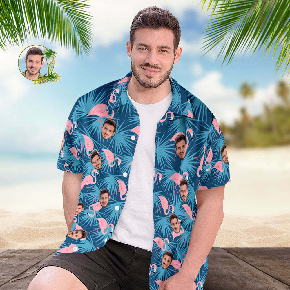 Custom Face Hawaiian Shirts Colorful Blue Flamingos Face Hawaiian Shirt - myfacesockseu