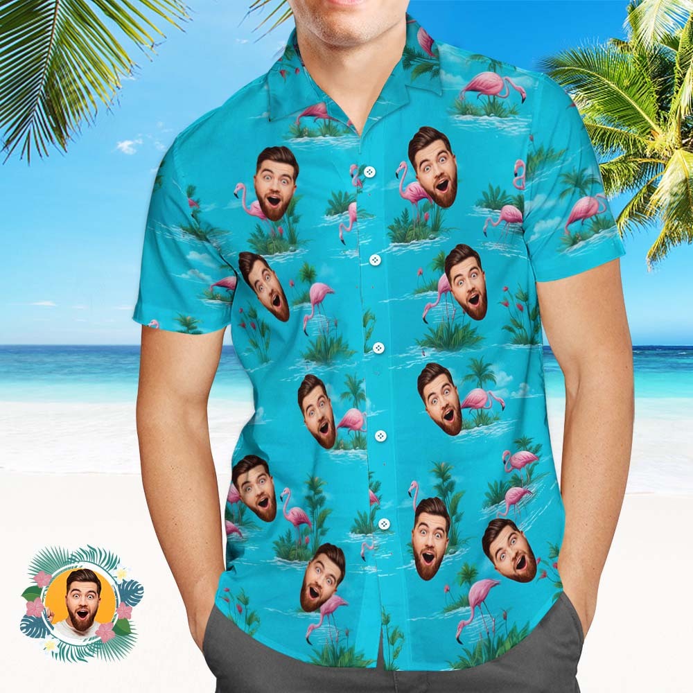 Custom Face Hawaiian Shirts Colorful Blue Flamingos Face Hawaiian Shirt - myfacesockseu