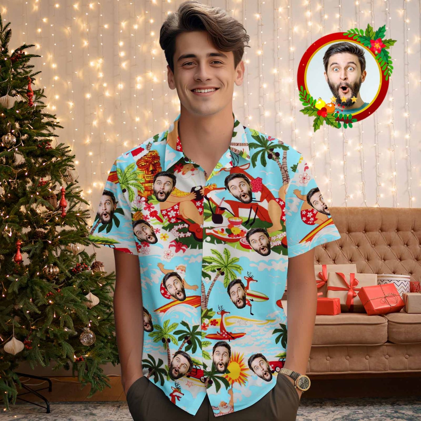 Personalized Face Men's Hawaiian Shirt Personalized Santa Beach Holiday Christmas Hawaiian Shirt - myfacesockseu